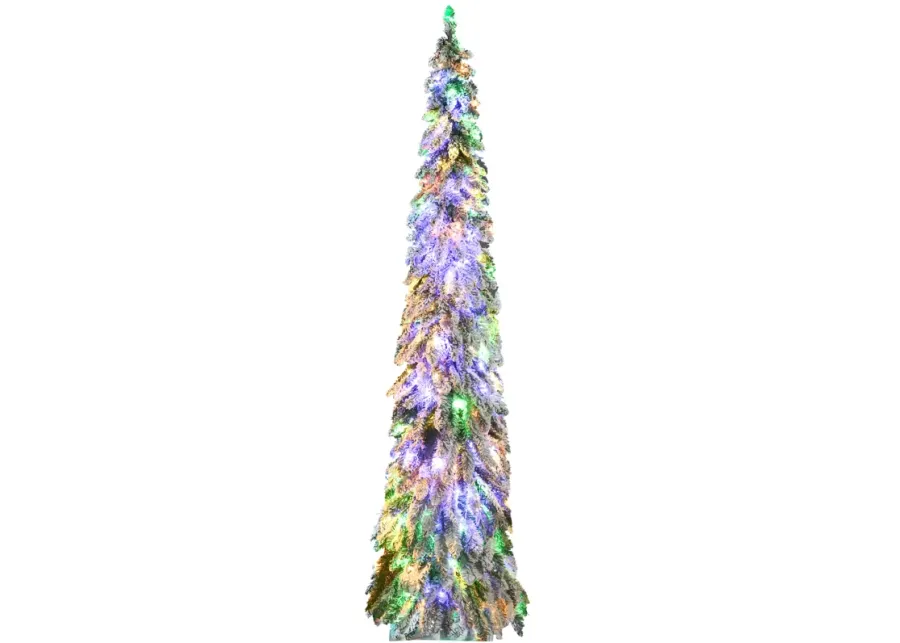 HOMCOM 7' Downswept Slim Snow Artificial Christmas Tree with LED Lights