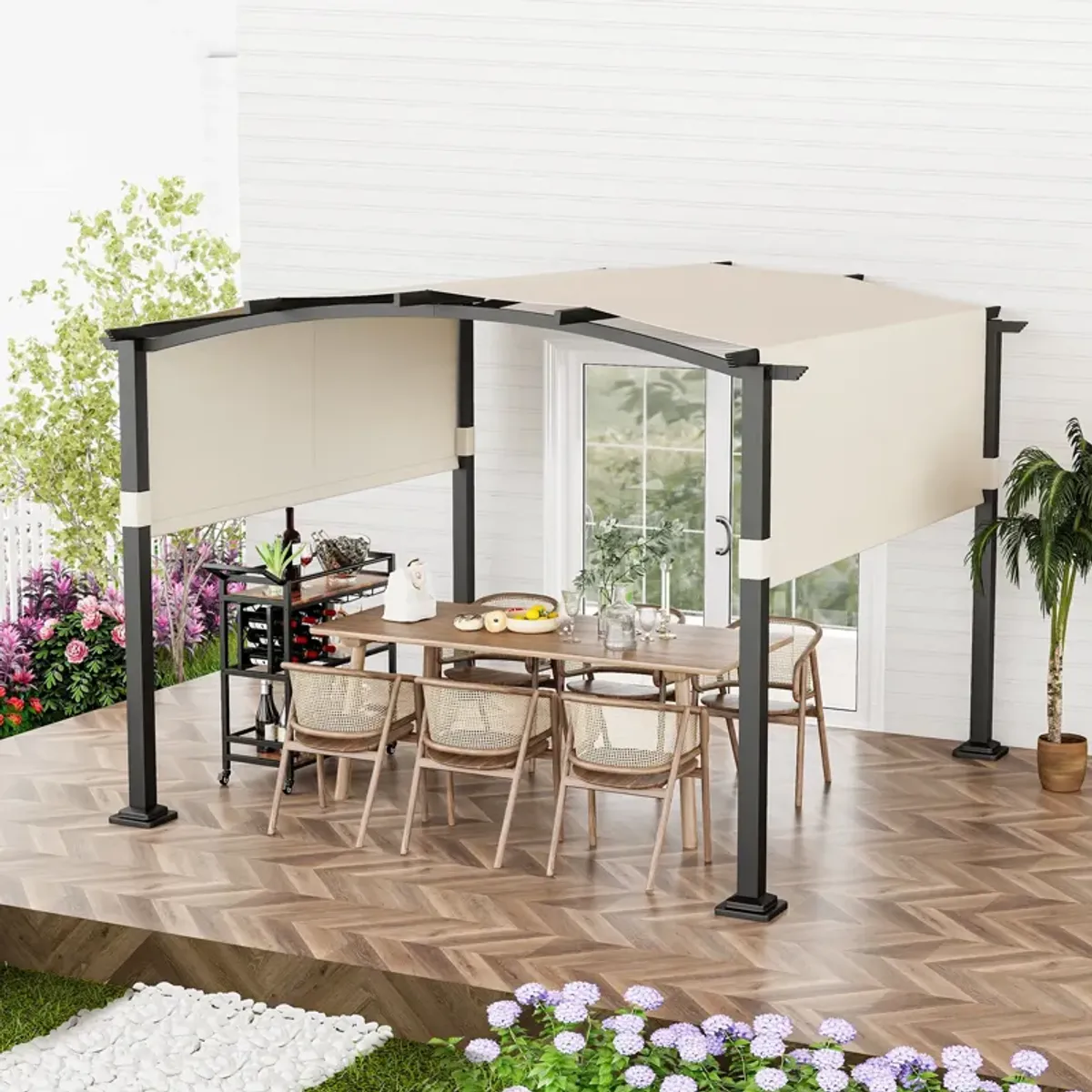 Patio Garden Shelter with Retractable Sunshade Canopy