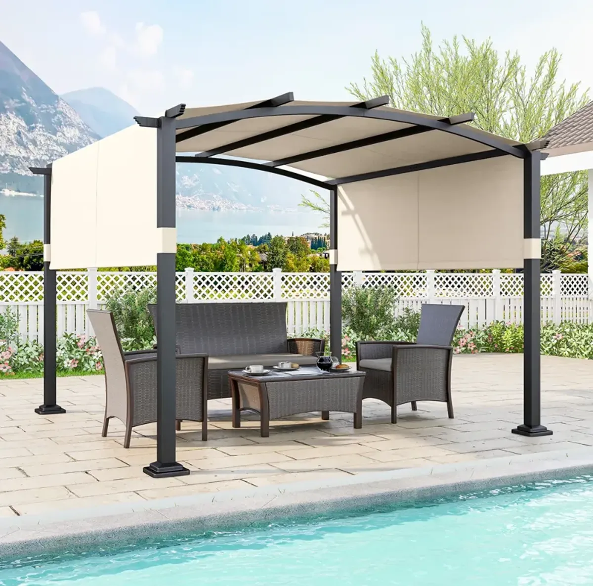 Patio Garden Shelter with Retractable Sunshade Canopy