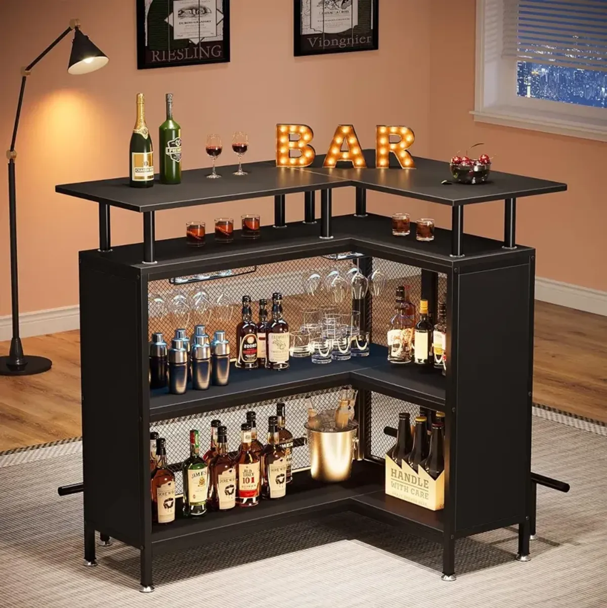 home bar counter cabinet, corner bar counter, L-shaped bar counter, mini coffee wine cabinet with stemware holder and 2-tier shelf with footrest, suitable for home/kitchen/bar