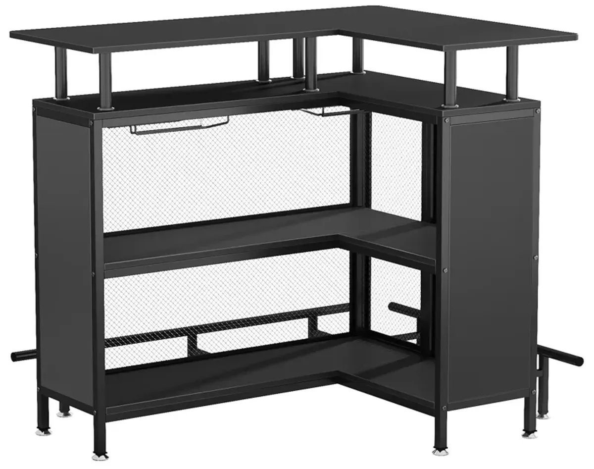 home bar counter cabinet, corner bar counter, L-shaped bar counter, mini coffee wine cabinet with stemware holder and 2-tier shelf with footrest, suitable for home/kitchen/bar