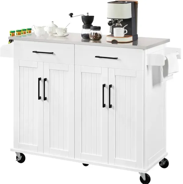 White Kitchen Cart Island with Stainless Steel Top 2 Drawers and Cabinet