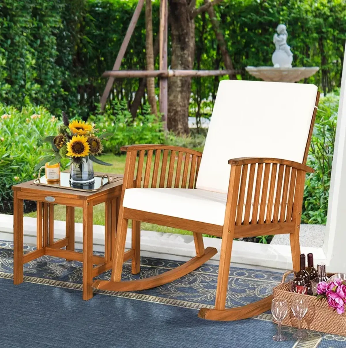 2 Pieces Acacia Wood Patio Rocking Chair Table Set