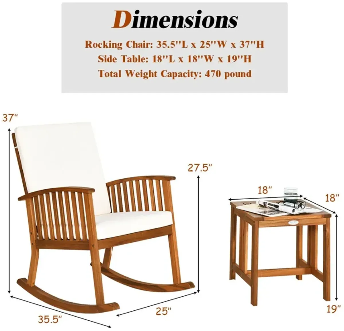 2 Pieces Acacia Wood Patio Rocking Chair Table Set