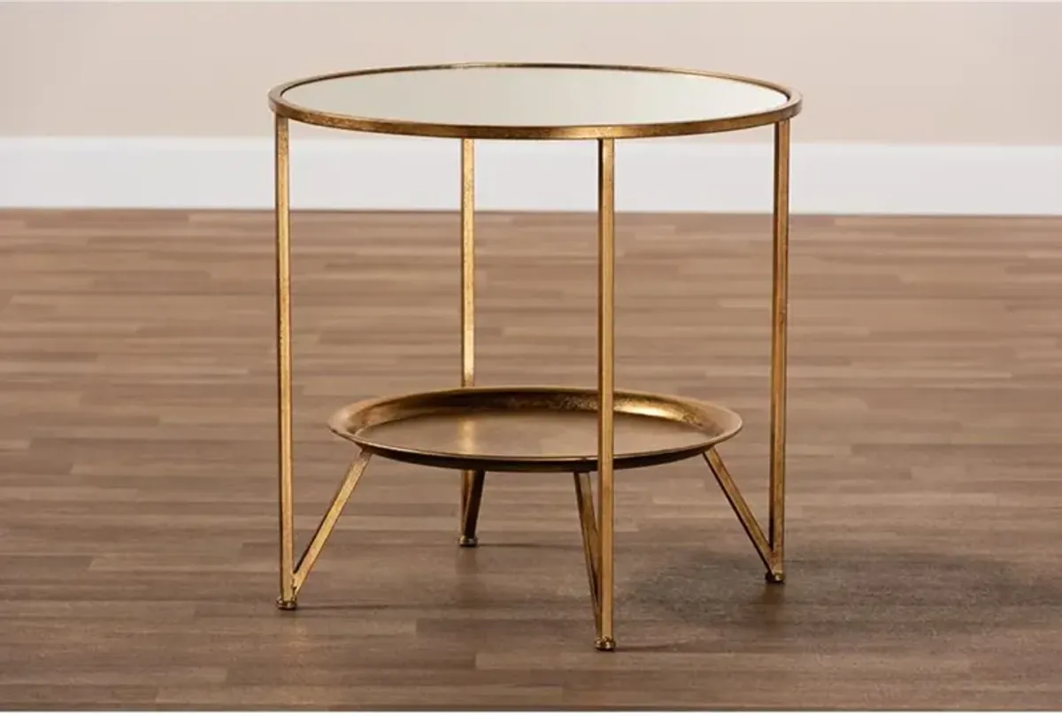 Antique Gold Finished Metal and Mirrored Glass Accent Table with Tray Shelf