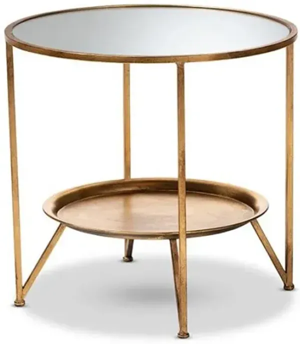 Antique Gold Finished Metal and Mirrored Glass Accent Table with Tray Shelf