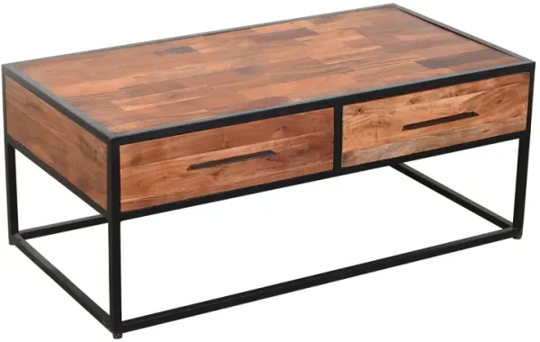 2 Drawer Industrial Metal Coffee Table with Wooden Tile Top, Brown and Black-Benzara