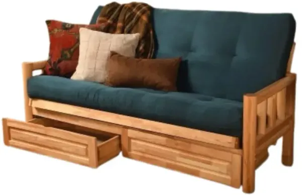 Lodge Frame-Natural Finish-Suede Navy Mattress-Storage Drawers