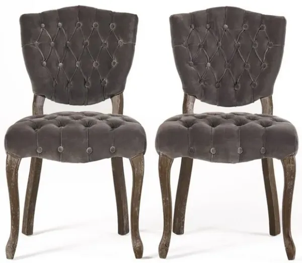 Jette Dining Chair Set of 2, Charcoal Gray Tufted Velvet, Brown Wood - Benzara
