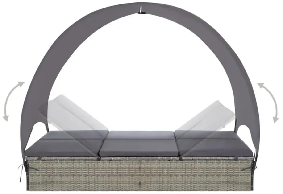 vidaXL Double Sun Lounger with Canopy Poly Rattan Gray