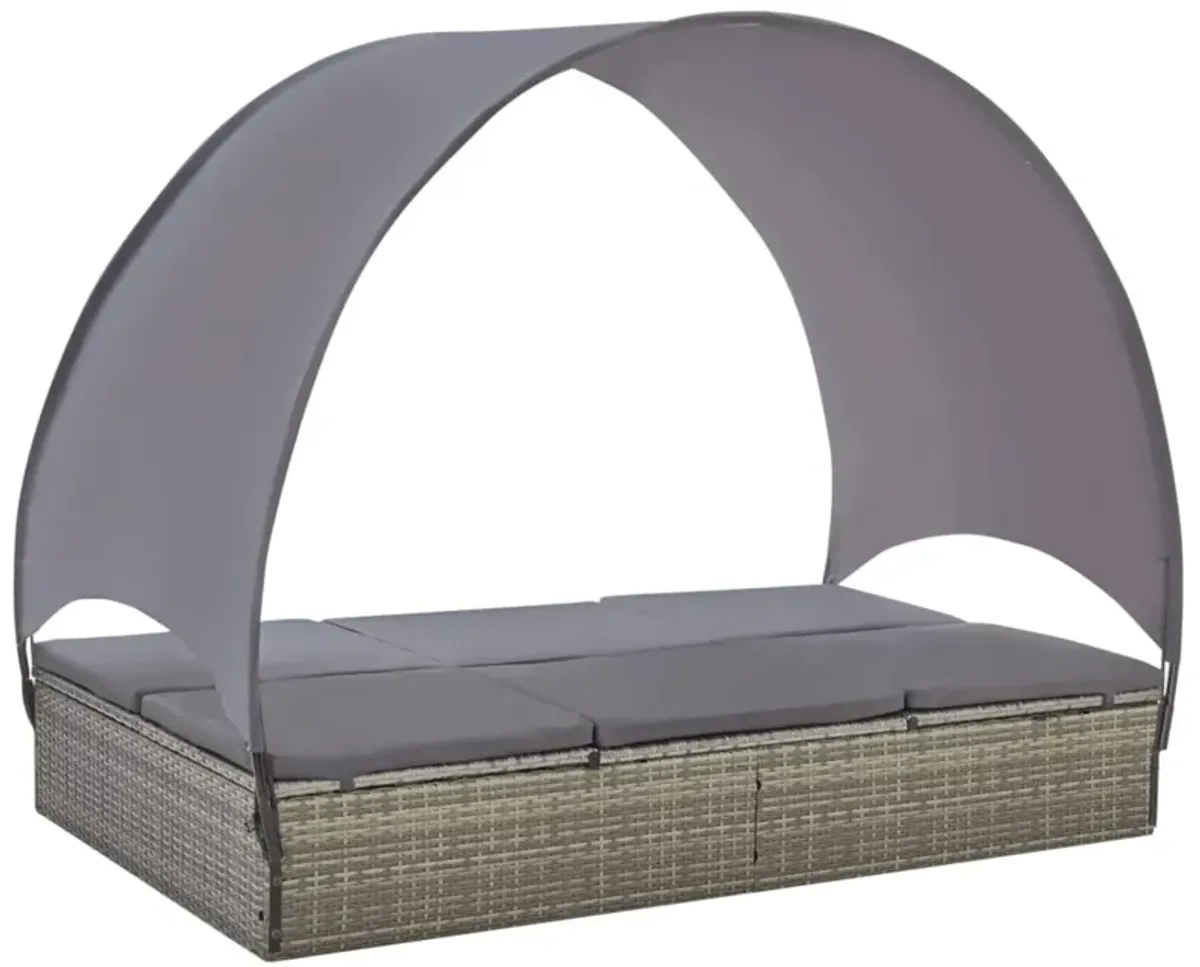 vidaXL Double Sun Lounger with Canopy Poly Rattan Gray