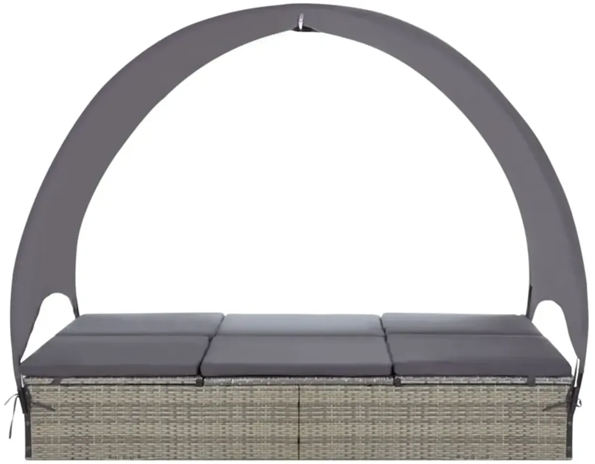 vidaXL Double Sun Lounger with Canopy Poly Rattan Gray