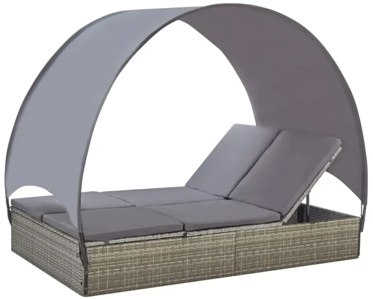 vidaXL Double Sun Lounger with Canopy Poly Rattan Gray