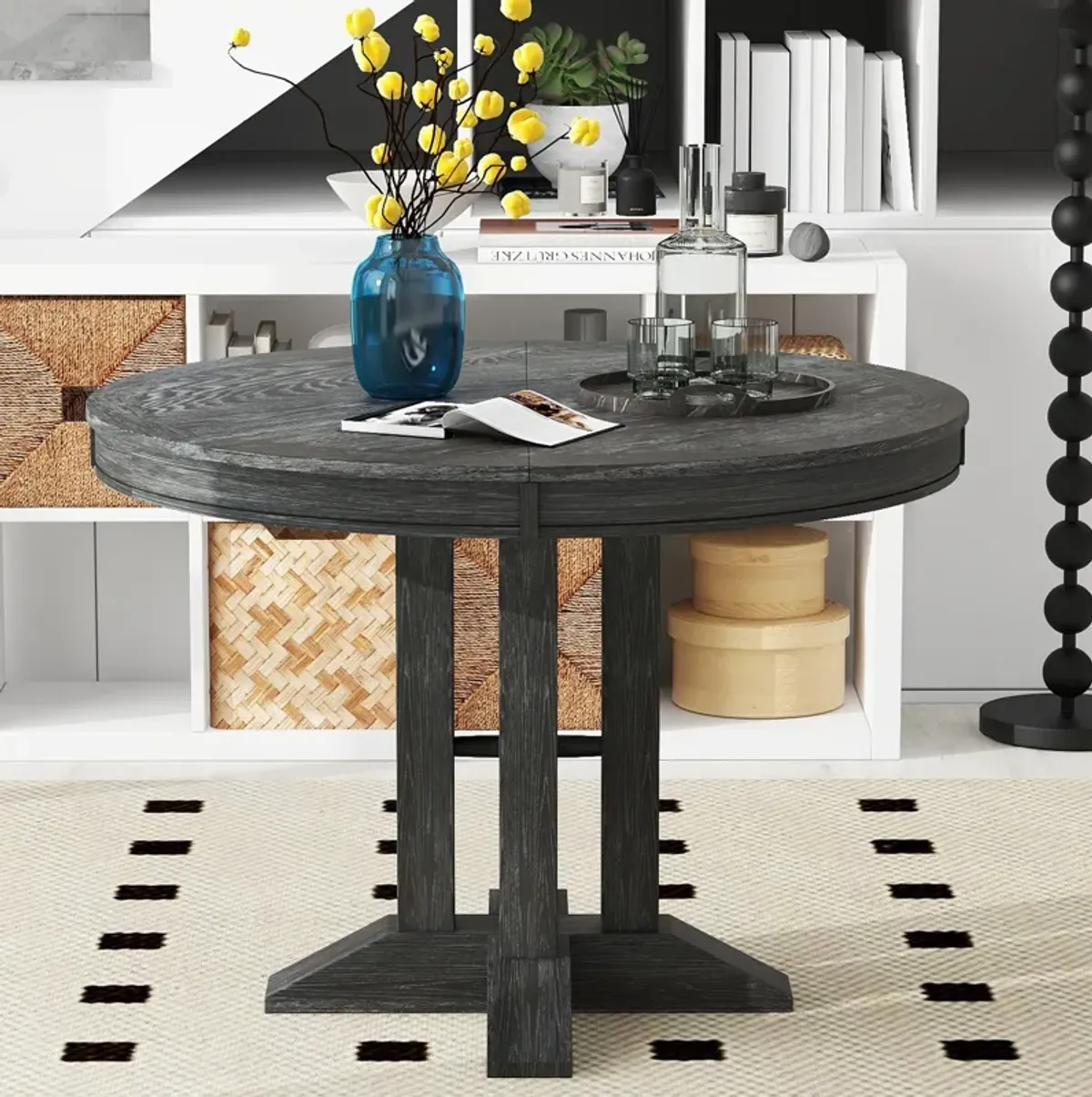 Merax Farmhouse Dining Table Extendable Round Table for Kitchen