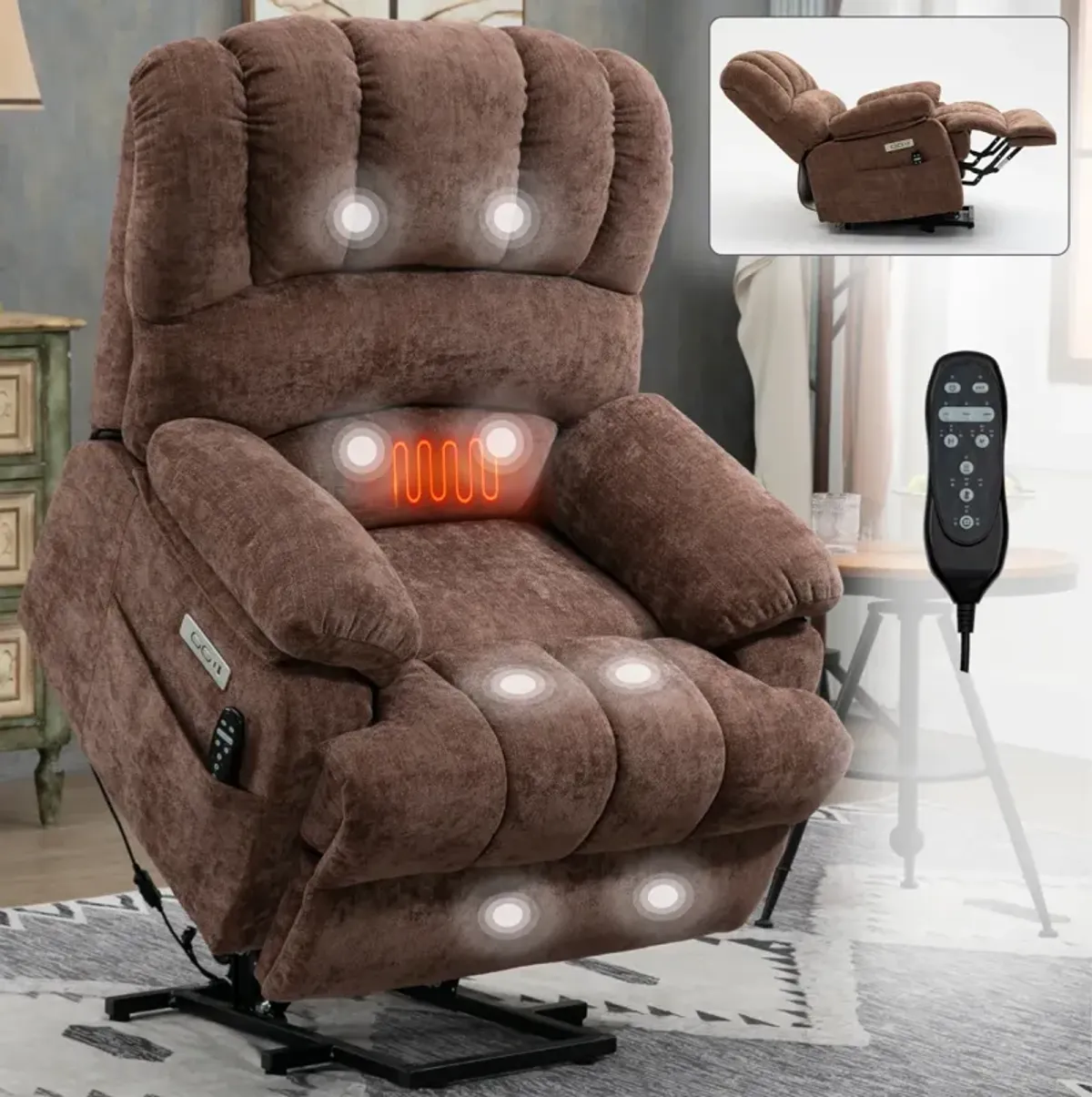 Large Chenille Power Lift Recliner with Massage & Heating