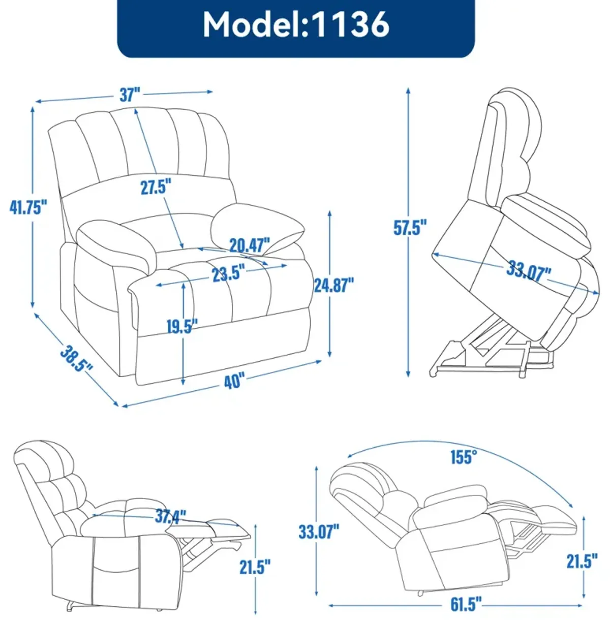 Large Chenille Power Lift Recliner with Massage & Heating