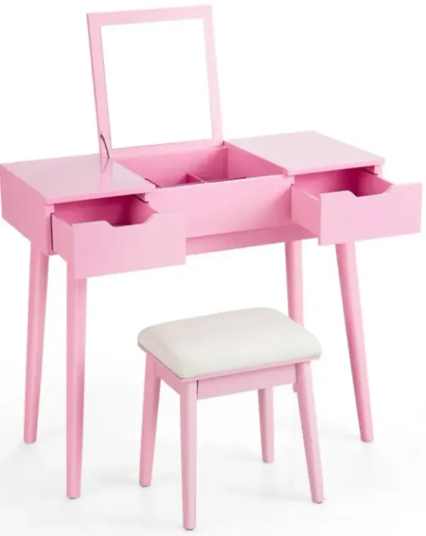 Hivvago Makeup Vanity Table Set with Flip Top Mirror and 2 Drawers-Pink