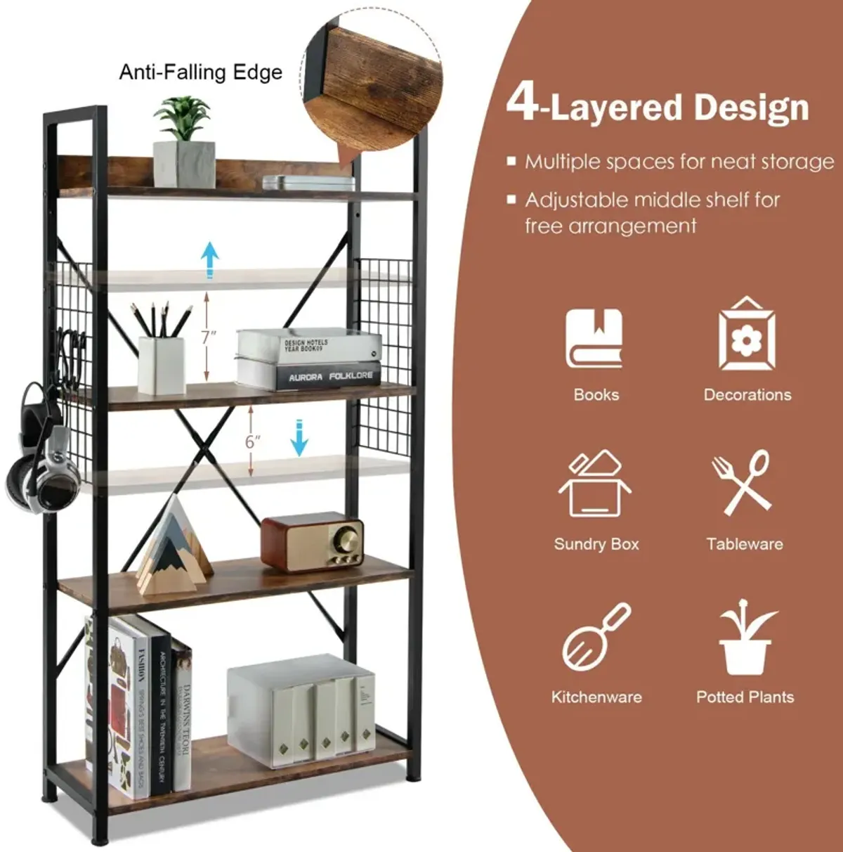 4 -Tier Industrial Open Storage Bookshelf-Coffee