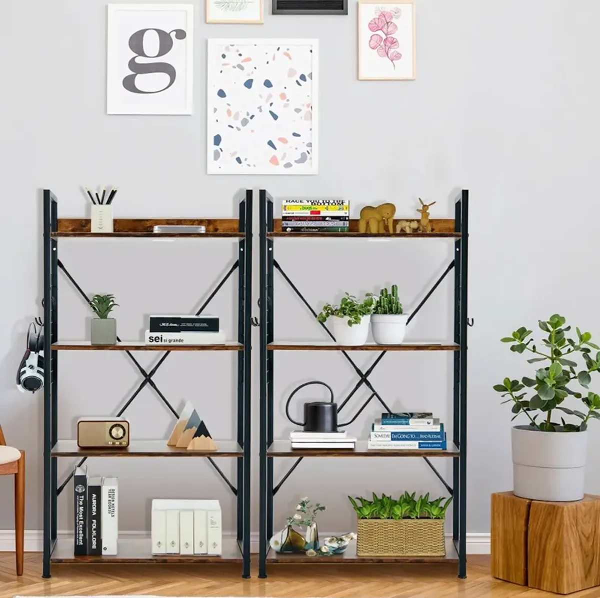 4 -Tier Industrial Open Storage Bookshelf-Coffee