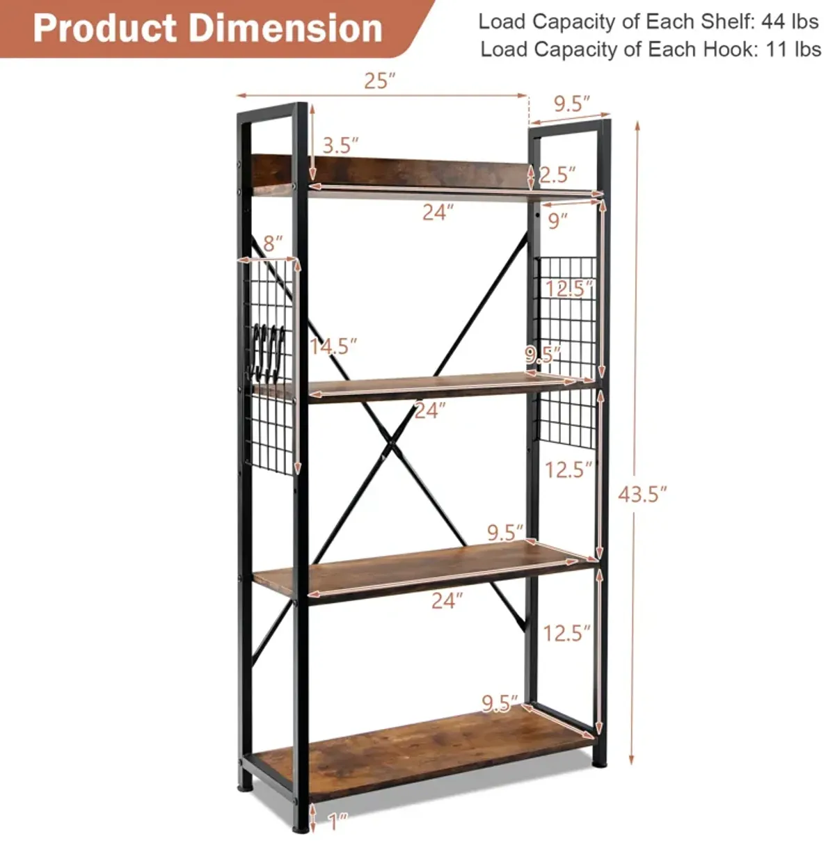 4 -Tier Industrial Open Storage Bookshelf-Coffee