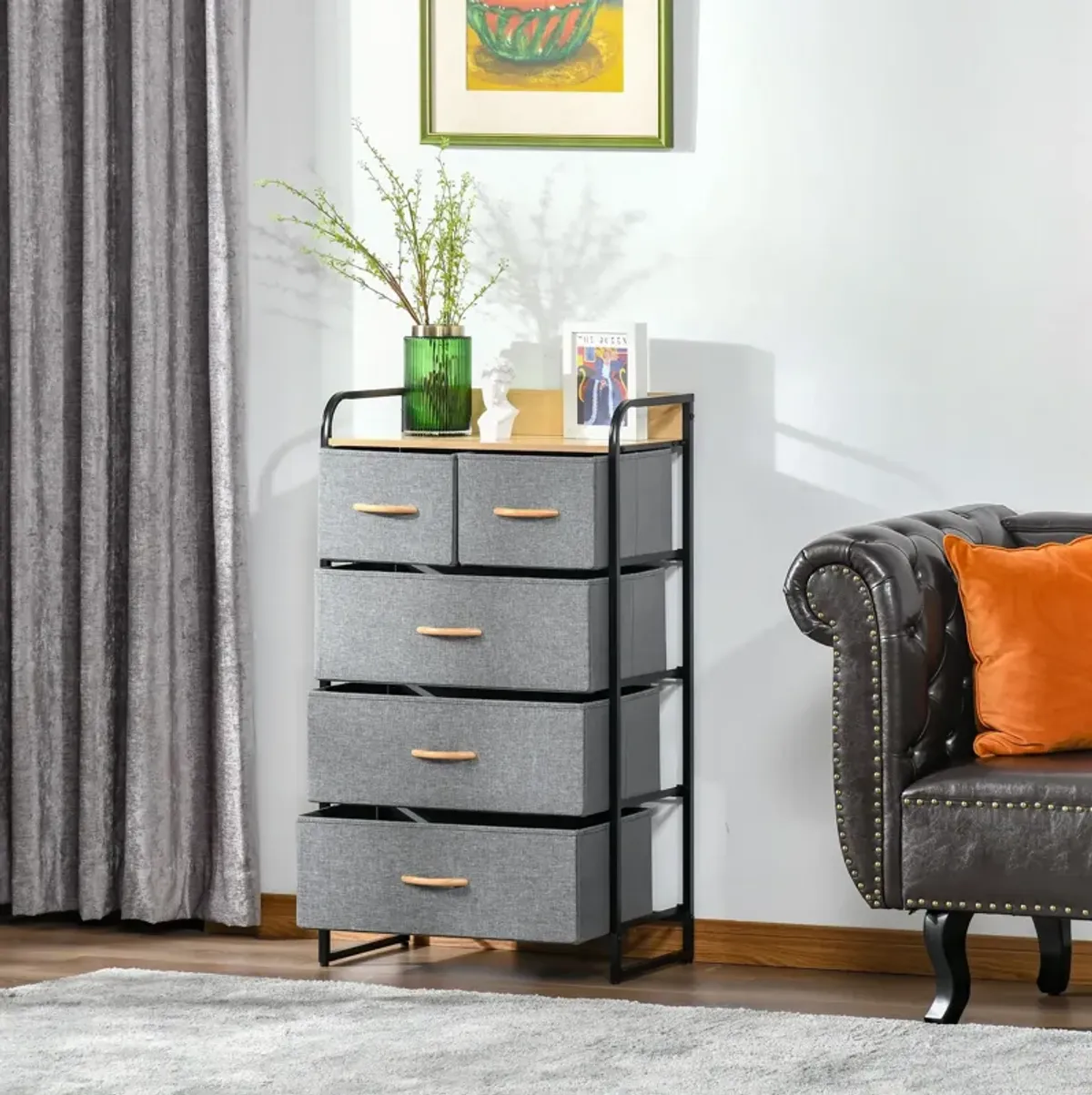 Light Gray Bedroom Tower: 5-Drawer Dresser with Steel Frame