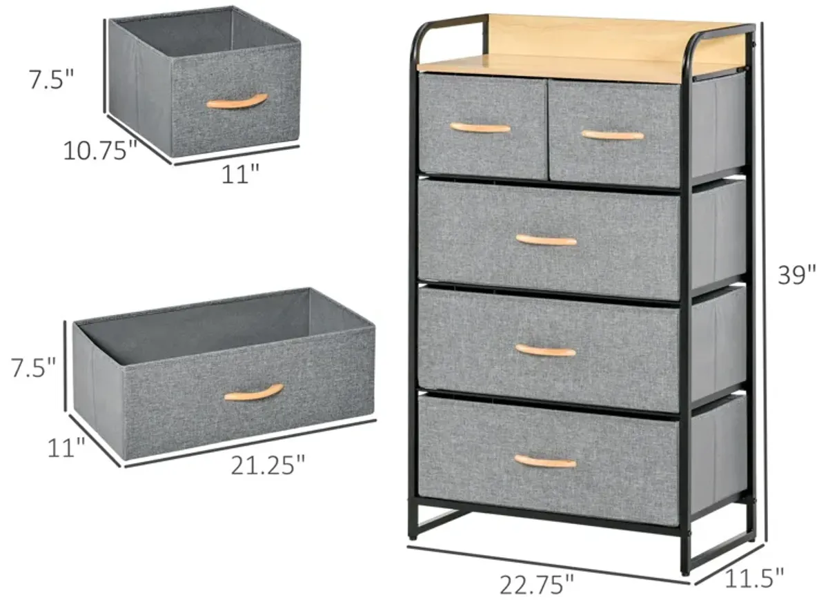 Light Gray Bedroom Tower: 5-Drawer Dresser with Steel Frame