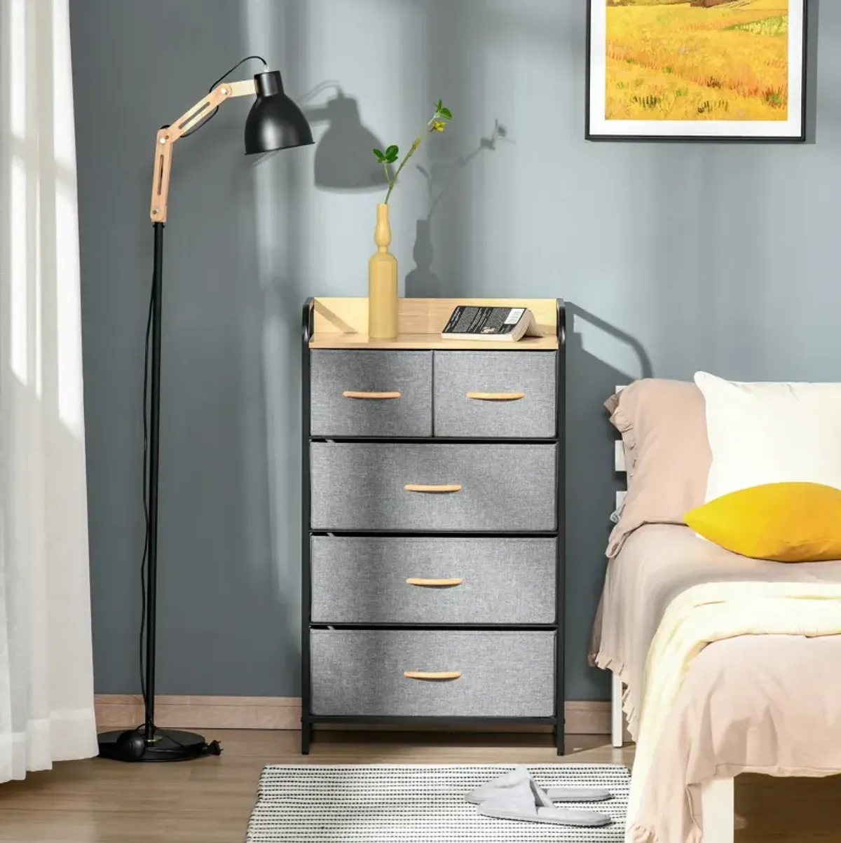 Light Gray Bedroom Tower: 5-Drawer Dresser with Steel Frame