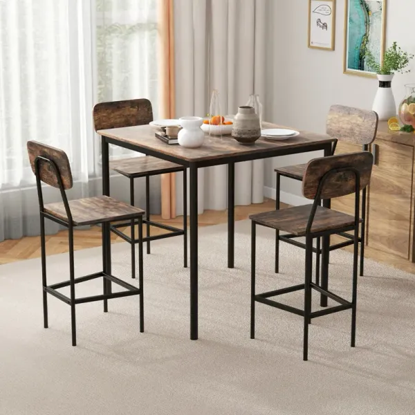 5 Pieces Industrial Dining Table Set with Counter Height Table and 4 Bar Stools