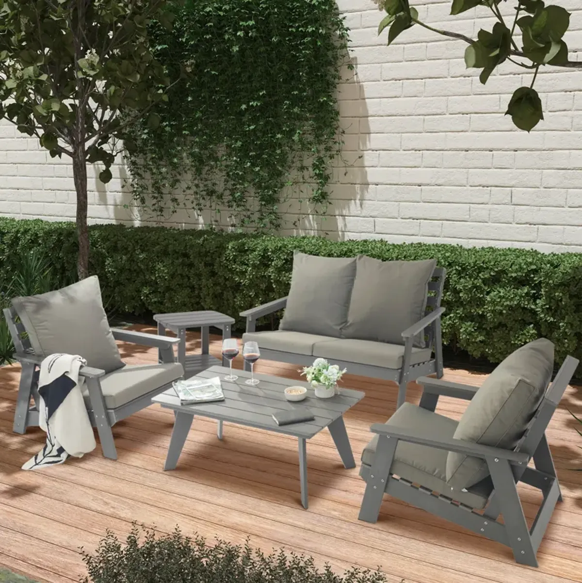 MONDAWE 5 Pieces Patio Conversation Set with Rectangular Coffee Table,Grey Cushions