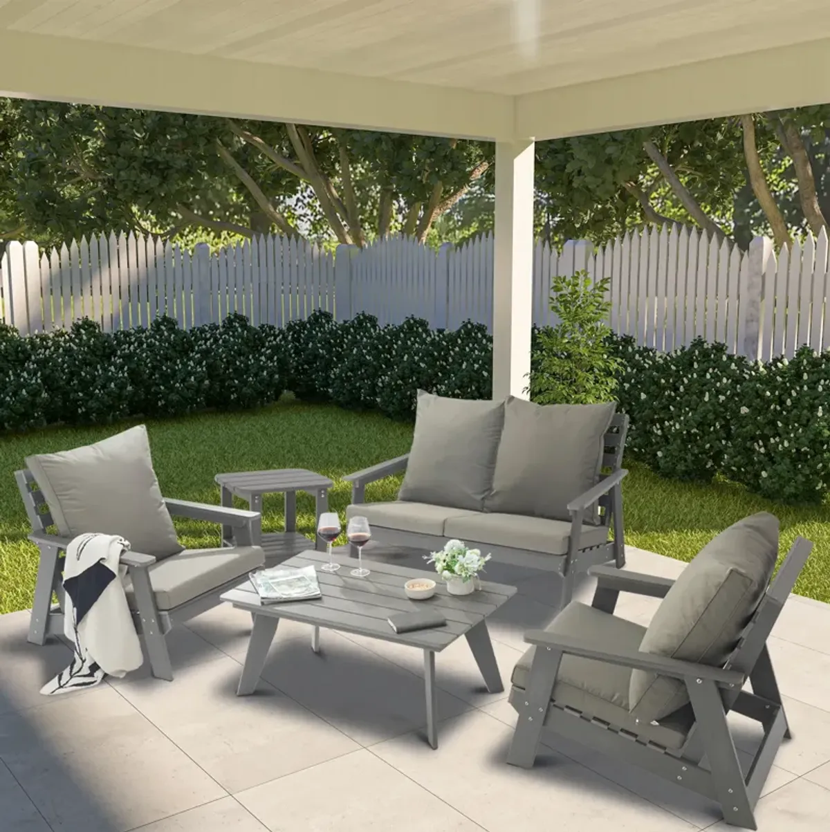 MONDAWE 5 Pieces Patio Conversation Set with Rectangular Coffee Table,Grey Cushions