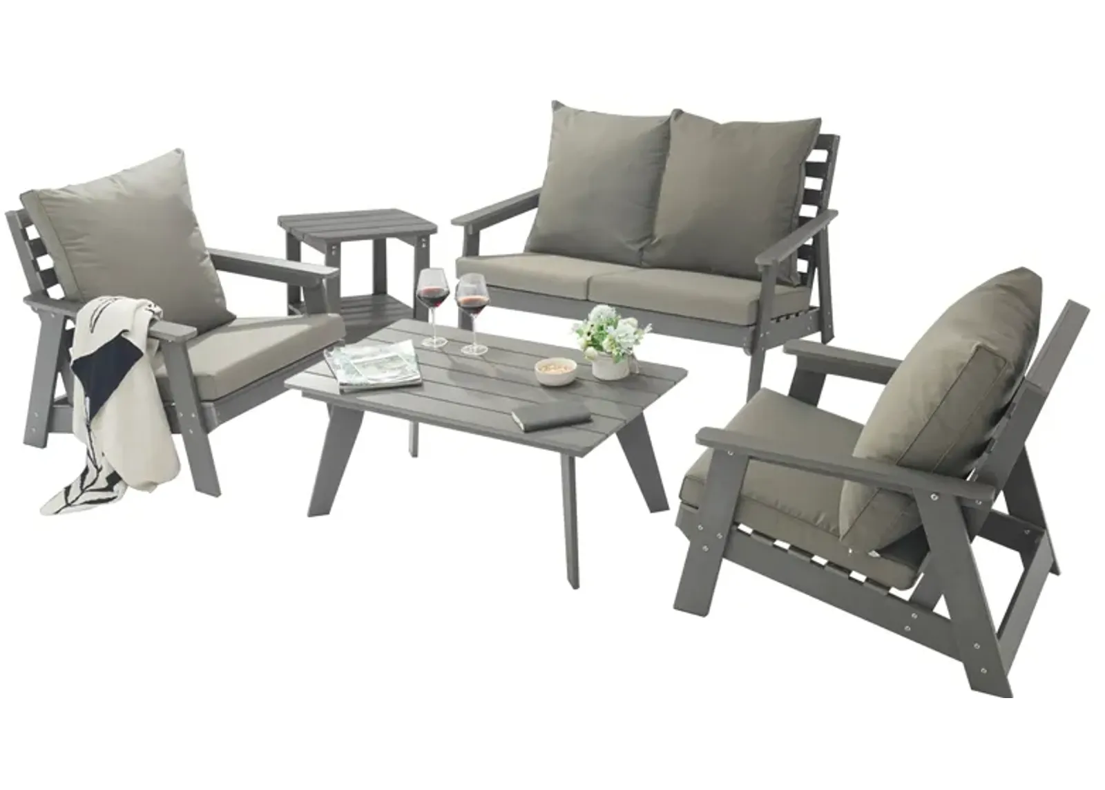 MONDAWE 5 Pieces Patio Conversation Set with Rectangular Coffee Table,Grey Cushions