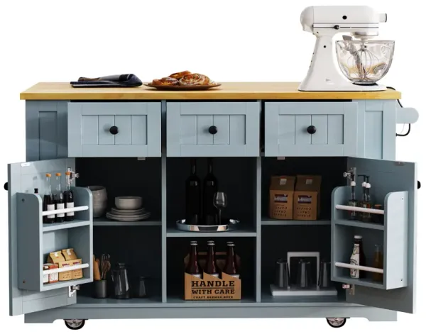 Large Rolling Kitchen Island with Drop Leaf, Power Outlet & Storage Racks