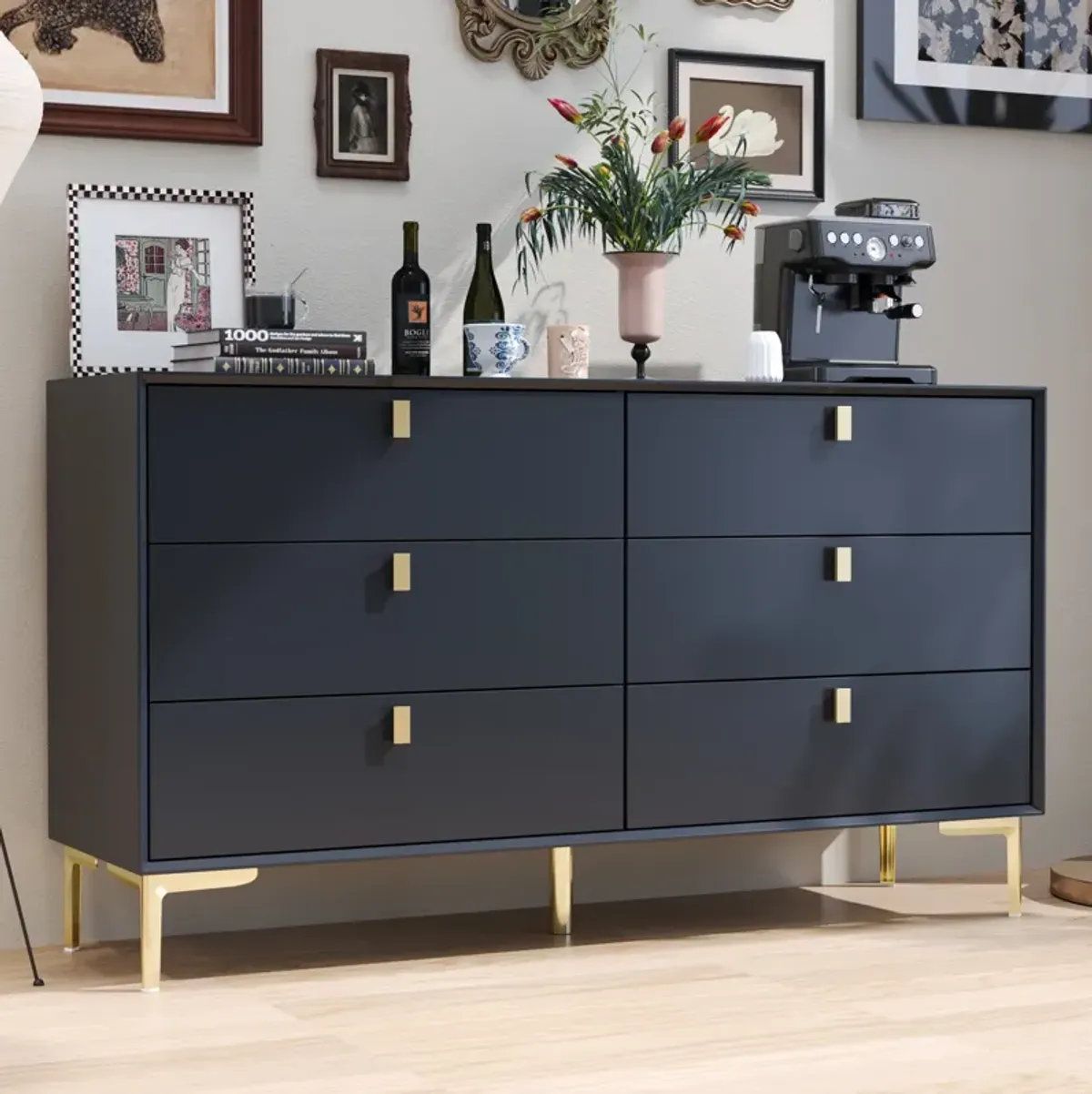 White 6-Drawers 55.1 in. Width Classic Wooden Chest of Drawers, Dresser, Storage Cabinet with Golden Legs and Handles