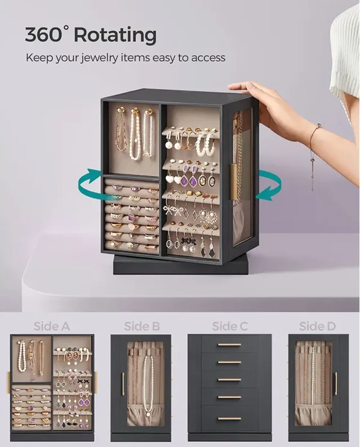 360° Rotating Jewelry Box with Multi-Layer Storage and Elegant Design