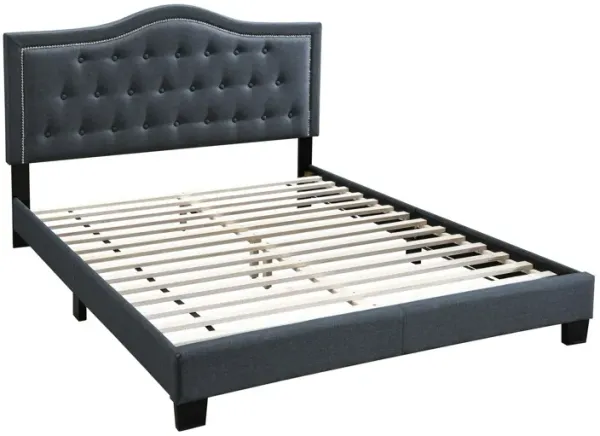 Button Tufted Queen Burlap Bed with Curved Headboard, Charcoal Gray-Benzara
