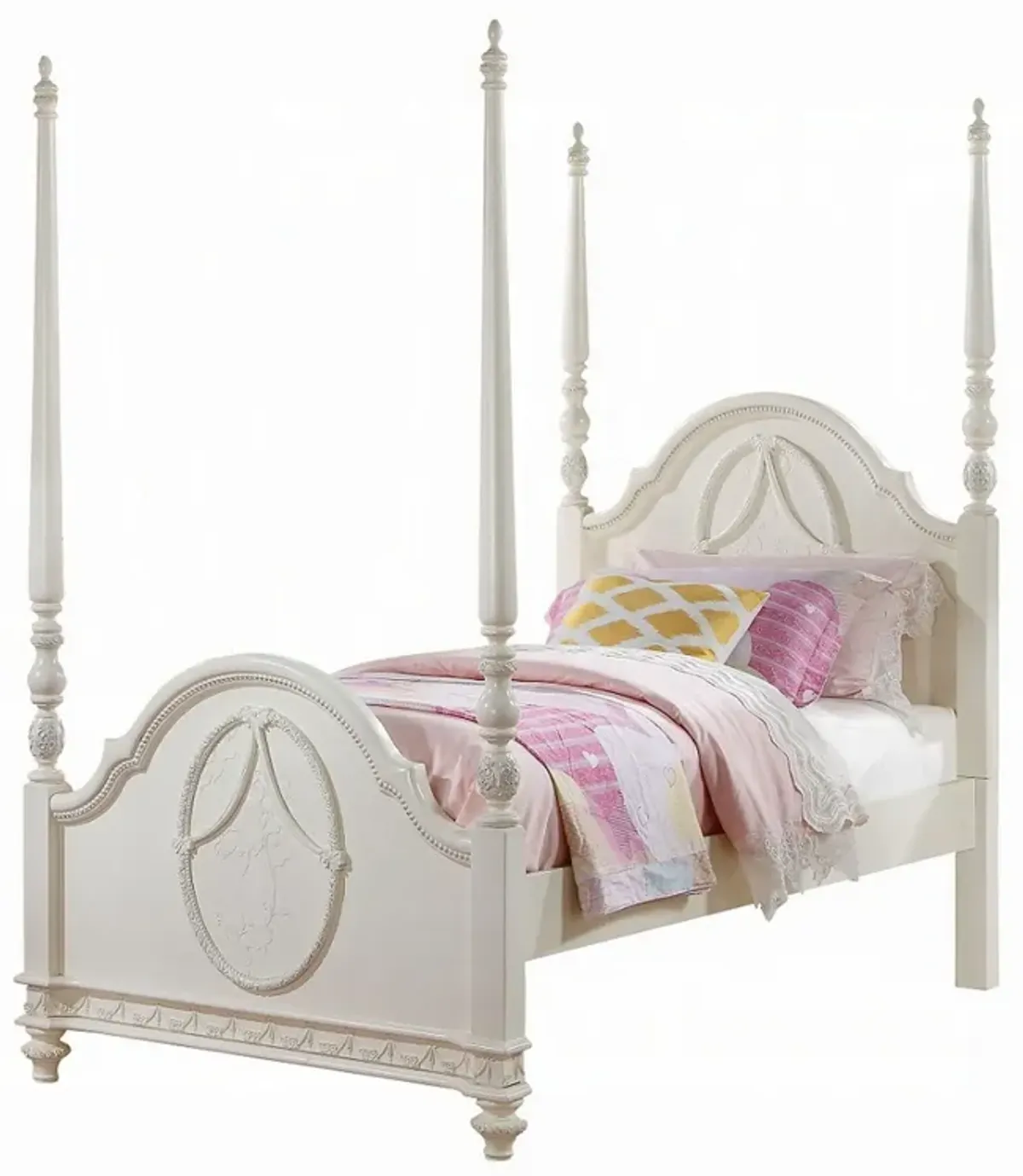 Dorie Twin Size Poster Bed, Embossed Floral and Oval Molding, Ivory  - Benzara