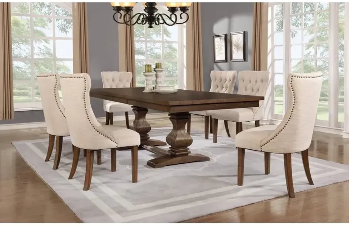 Classic 7pc Dining Set w/Uph Side Chairs Tufted & Naildhead Trim, Table w/Center 18" Leaf