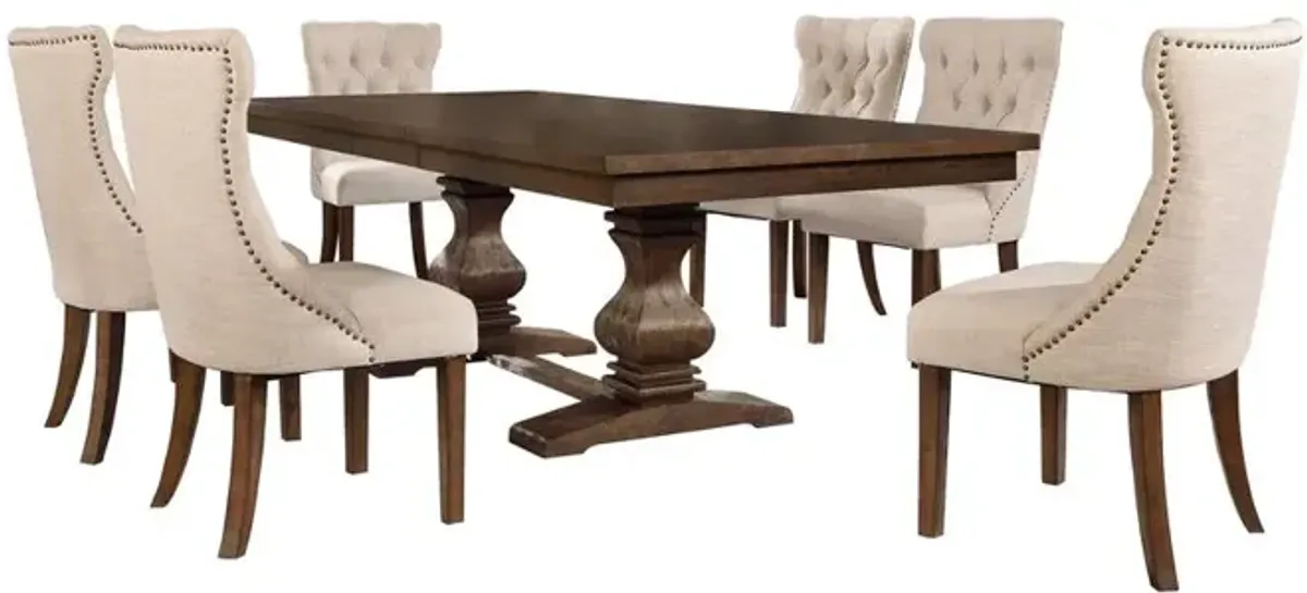 Classic 7pc Dining Set w/Uph Side Chairs Tufted & Naildhead Trim, Table w/Center 18" Leaf