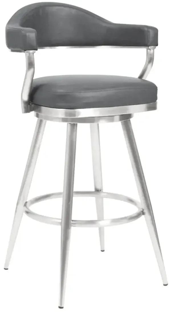 30 Inch Vegan Faux Leather Metal Bar Stool, Gray and Silver-Benzara