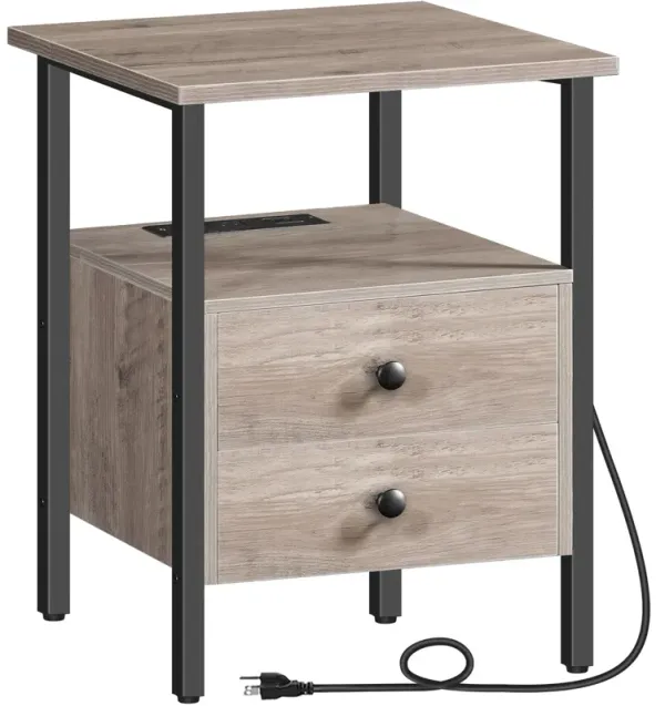 HOOBRO End Table with Charging Station and USB Ports, Side Table with 2 Drawers and Storage Shelf, Bedside Table for Small Space