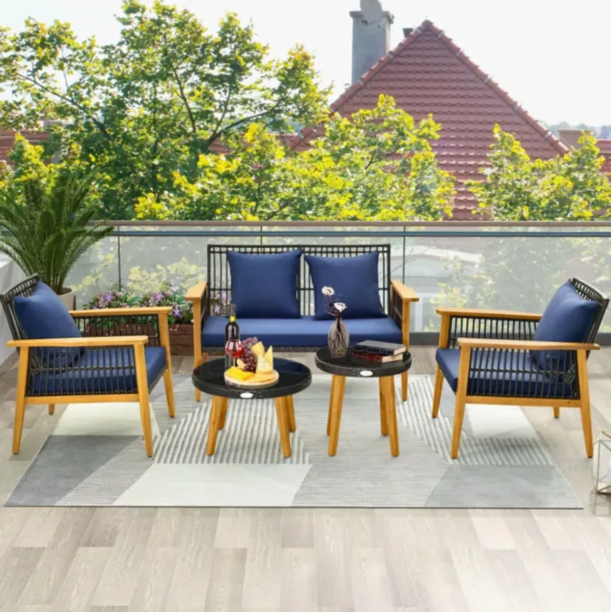 Hivvago 5 Piece Outdoor Conversation Set with 2 Coffee Tables for Backyard Poolside