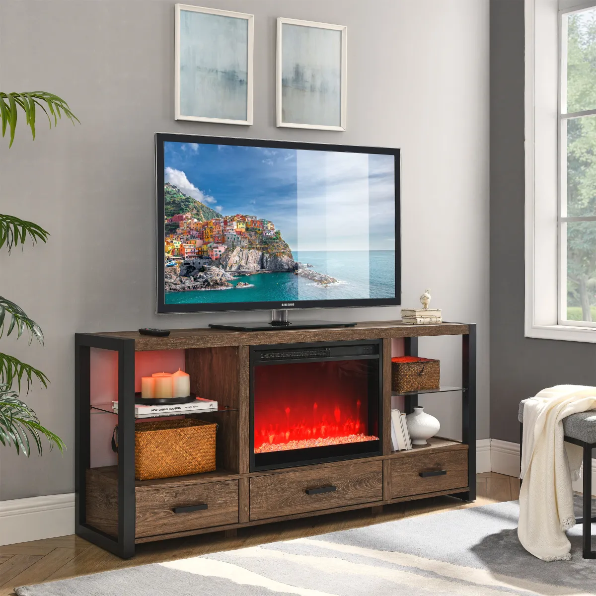 60 inch Electric Fireplace Media TV Stand With Sync Colorful LED Lights-Reclaimed Barnwood Color