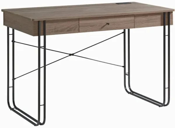 Bery 47 Inch Home Office Desk, 1 Drawer with Knob, USB Port, Taupe, Black - Benzara