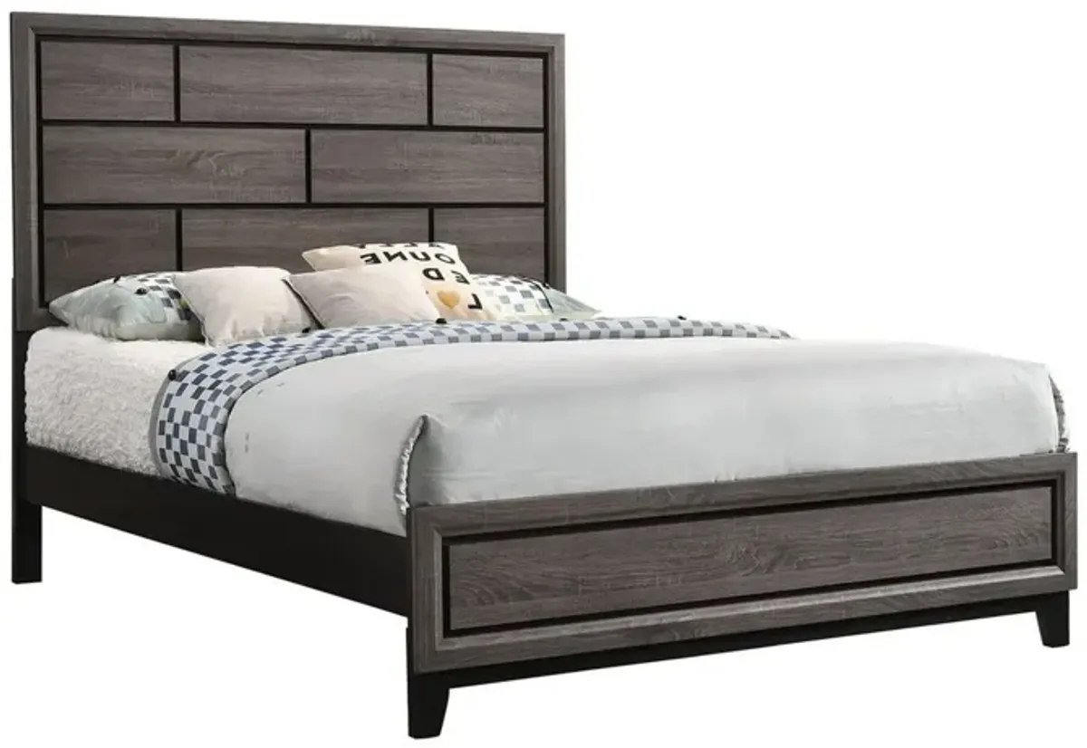 Benjara Asir Queen Size Bed, Geometric Panel Headboard, Modern Wood Finish, Gray and Black