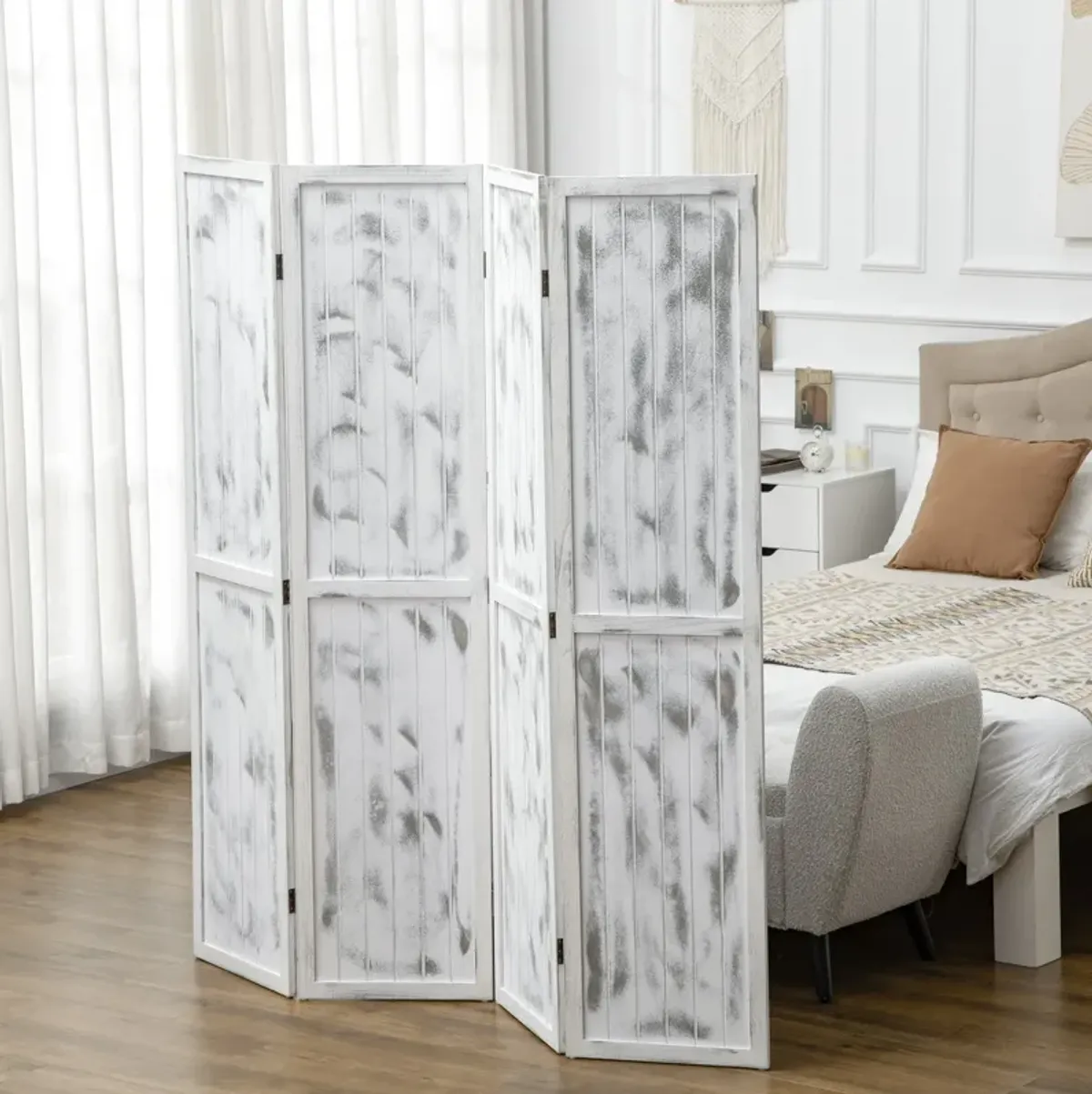 Rustic White Partition: 55" Folding Screen for Bedroom Privacy