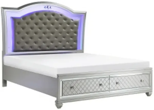 Piros Queen Platform Bed, Faux Leather Upholstery, LED, Mirror Trim, Silver - Benzara