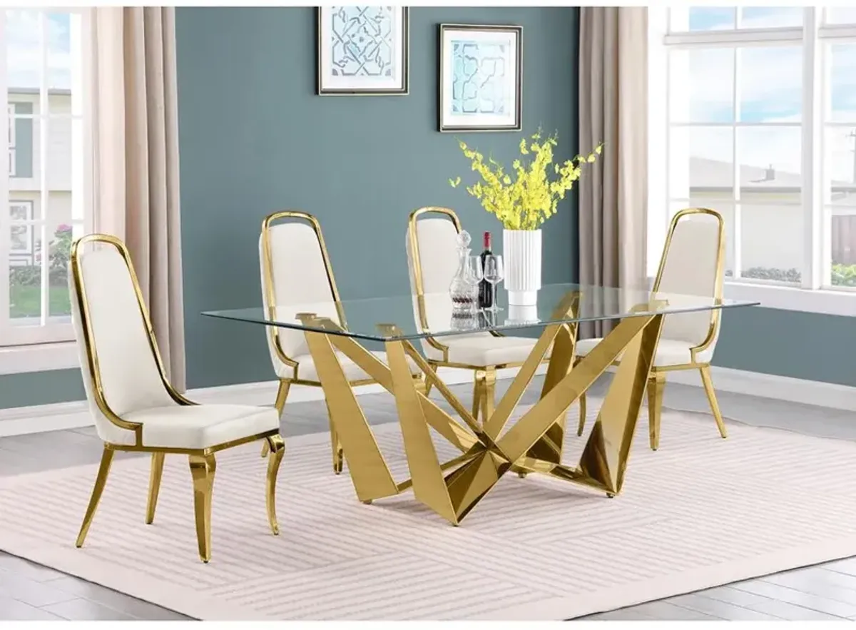 5pc Small(78") glass dining set with gold base and 6 Cream side chairs