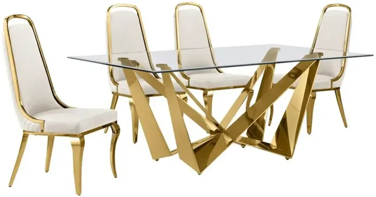 5pc Small(78") glass dining set with gold base and 6 Cream side chairs