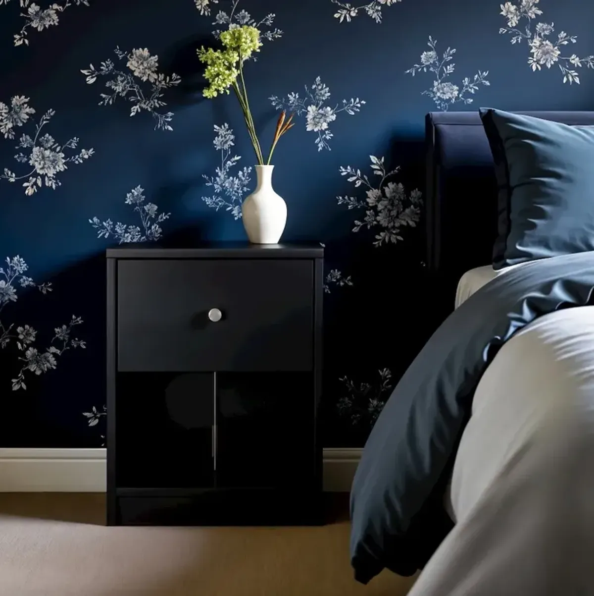 Furnifact Black Small Nightstand - Compact Bedside Table With Drawer For Bedrooms