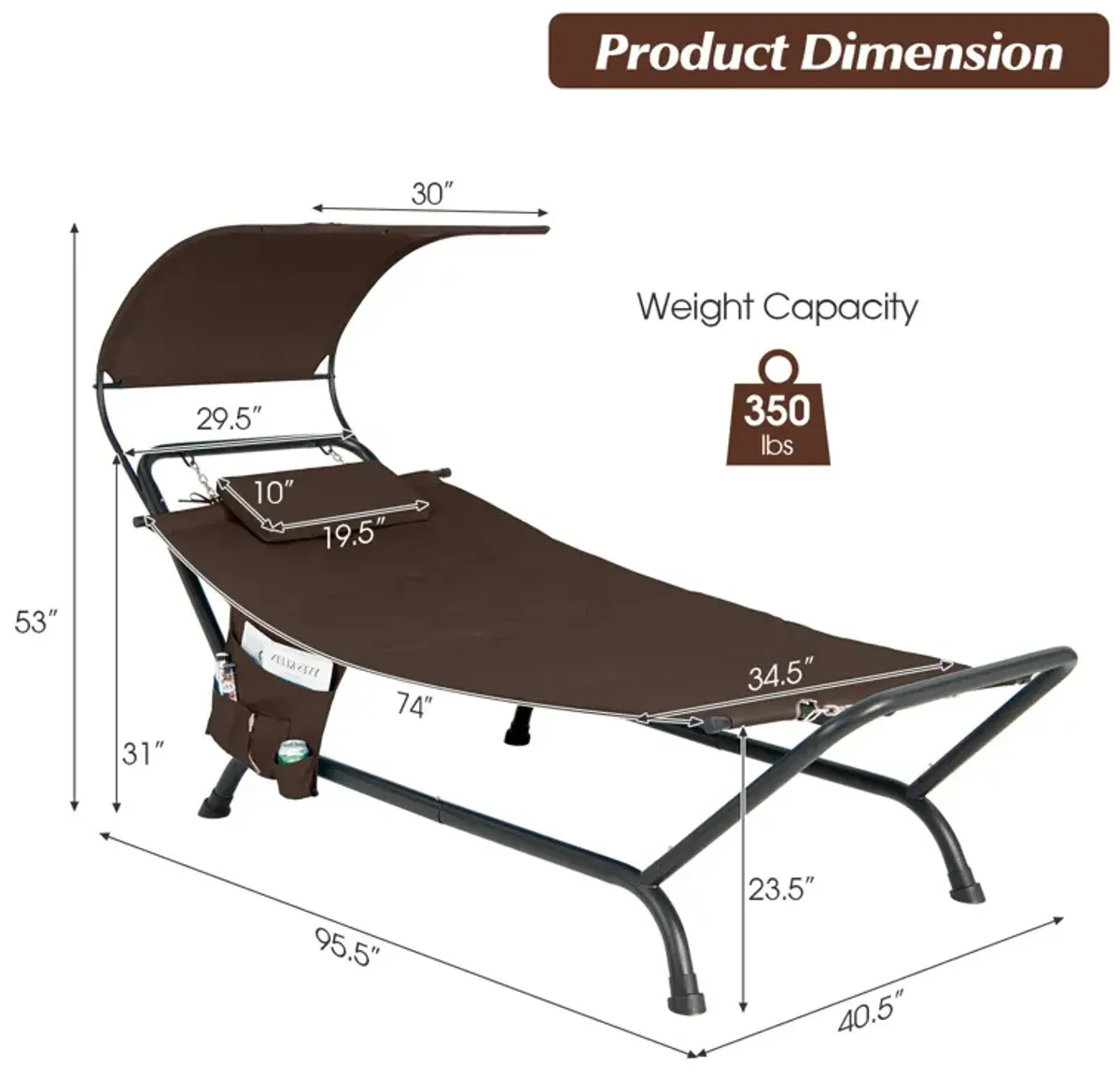 Patio Hanging Chaise Lounge Chair with Canopy Cushion Pillow and Storage Bag